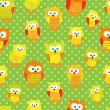 Seamless pattern with cute cartoon owls on green dotted background Illustrazione stock