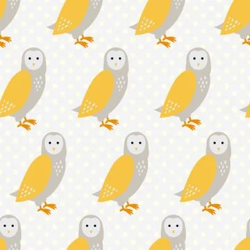 Seamless pattern with cute cartoon owls on grey dotted background Stock Illustration