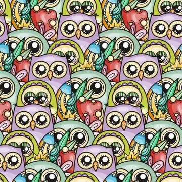 Seamless pattern with cute cartoon owls and furry owlets in pastel colors. Stock Illustration