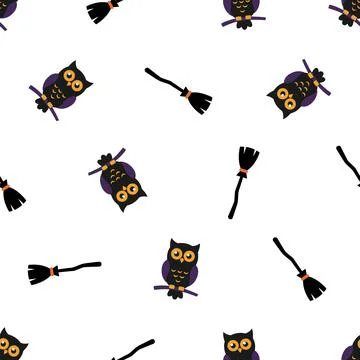 Seamless pattern with cute cartoon owls and witch brooms for Halloween cele.. Stock Illustration