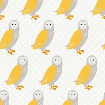 Seamless pattern with cute cartoon owls on grey dotted background. Seamles... Stock Photos