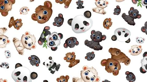 Seamless Pattern of Cute Cartoon Panda Polar and Grizzly Bears Stock Illustration
