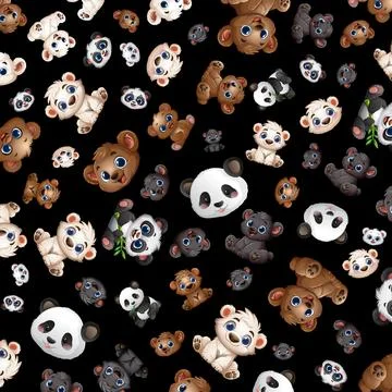 Seamless Pattern of Cute Cartoon Panda Polar and Grizzly Bears Stock Illustration