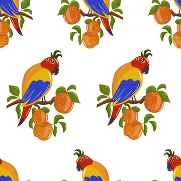 Seamless pattern of cute cartoon parrot and peaches on a white background. For 스톡 일러스트
