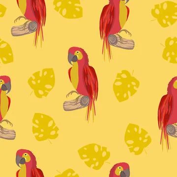 Seamless pattern with cute cartoon parrot bird on branch. Vector illustration Stock Illustration