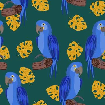 Seamless pattern with cute cartoon parrot bird on branch. Vector illustration Illustrazione stock
