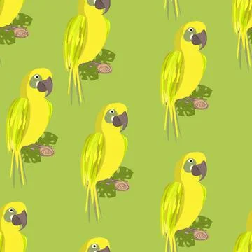 Seamless pattern with cute cartoon parrot bird on branch. Vector illustration 库存插图