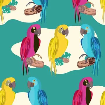 Seamless pattern with cute cartoon parrot bird on branch. Vector illustration イラスト素材