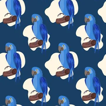 Seamless pattern with cute cartoon parrot bird on branch. Vector illustration Stock Illustration