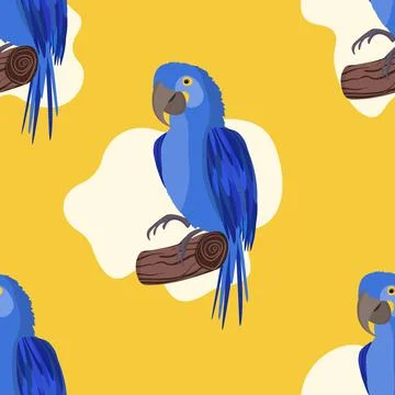 Seamless pattern with cute cartoon parrot bird on branch. Vector illustration Stock Illustration