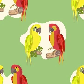 Seamless pattern with cute cartoon parrot bird on branch. Vector illustration Stock Illustration
