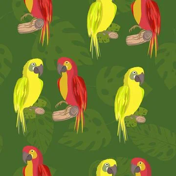 Seamless pattern with cute cartoon parrot bird on branch. Vector illustration Stock Illustration