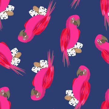 Seamless pattern with cute cartoon parrot bird on branch. Vector illustration イラスト素材