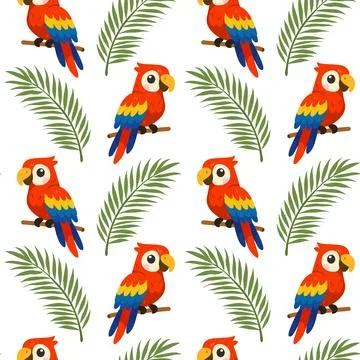 Seamless pattern with cute cartoon parrots and tropical palm leaves 스톡 일러스트