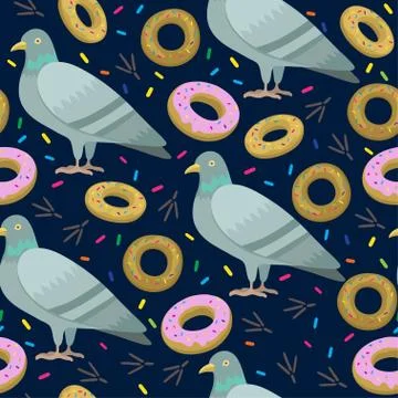 Seamless pattern with cute cartoon pigeons. Vector illustration. Stock Illustration