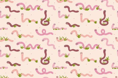 Seamless pattern of cute cartoon pink earthworms on a light peach background. 스톡 일러스트