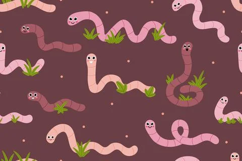 Seamless pattern of cute cartoon pink earthworms on a dark brown background. Stock Illustration