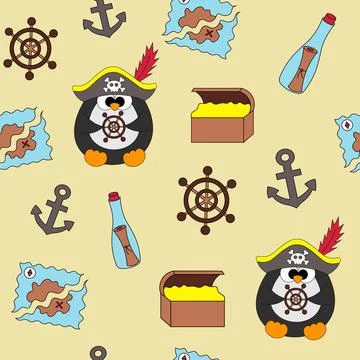 Seamless pattern with cute cartoon pirate Penguin Stock Illustration