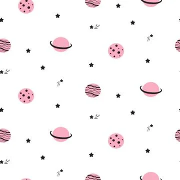 Seamless pattern with cute cartoon planet stars and comets. Stock Illustration