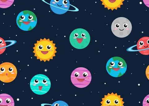 Seamless pattern of cute cartoon planets in space background - Vector illustr Stock Illustration