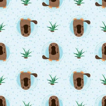 Seamless pattern with cute cartoon platypus vector illustration. Australian f Stock Illustration