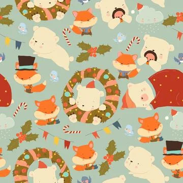Seamless Pattern with Cute Cartoon Polar Bears, Foxes and Christmas Elements Stock Illustration