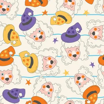 Seamless pattern of cute cartoon poodle illustrations. Cute face dogs in wizard Stock Illustration