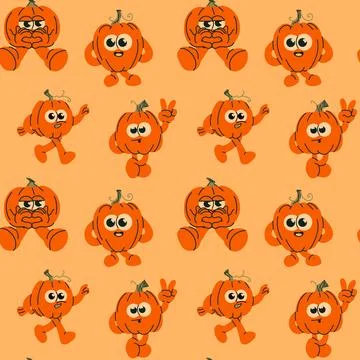 Seamless Pattern of Cute Cartoon Pumpkins with Faces and Limbs Illustrazione stock