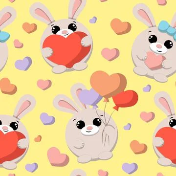 Seamless pattern with cute cartoon rabbit and heart Stock Illustration