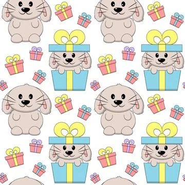 Seamless pattern with cute cartoon rabbit and gift box Stock Illustration