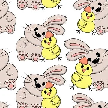Seamless pattern with cute cartoon rabbit and chick on white background 스톡 일러스트