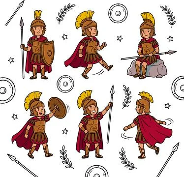 Seamless Pattern of Cute Cartoon Roman Soldiers in Various Poses. Stock Illustration