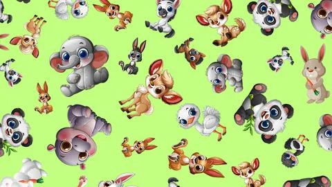 Seamless Pattern of Cute Cartoon Safari Baby Animals on Green Background Stock Illustration