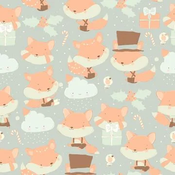 Seamless Pattern with Cute Cartoon Set of Foxes with Christmas Elements 스톡 일러스트