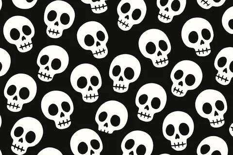 Seamless Pattern of Cute Cartoon Skulls on Black Background Illustrazione stock