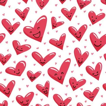 Seamless pattern with cute cartoon smiled hearts. Stock Illustration