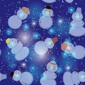 Seamless pattern cute cartoon snowmen on dark blue background for winter desi Stock Illustration