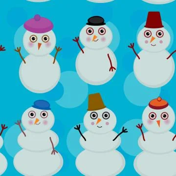 Seamless pattern cute cartoon snowmen on blue background for winter design. Stock Illustration