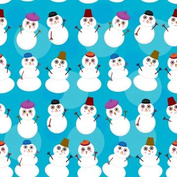 Seamless pattern cute cartoon snowmen on blue background for winter design. Stock Illustration