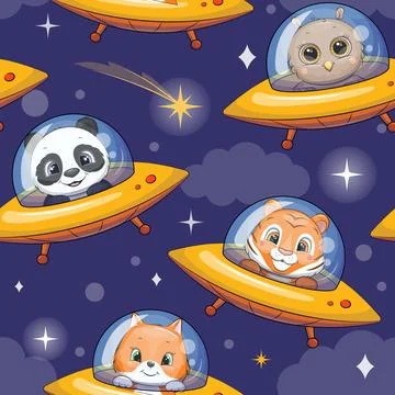 Seamless pattern of cute cartoon spaceships with different animals in space. Stock Illustration
