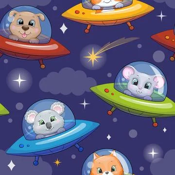 Seamless pattern of cute cartoon spaceships with different animals in space. Stock Illustration