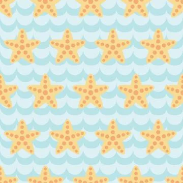 Seamless pattern with cute cartoon starfishes on blue wave background Stock Illustration