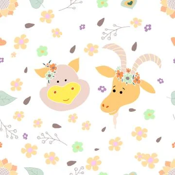 Seamless pattern with cute cartoon style Pets. Portrait of a pig and a goat Stock Illustration