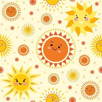Seamless Pattern with Cute Cartoon Suns – Kids Vector Background Stock Illustration