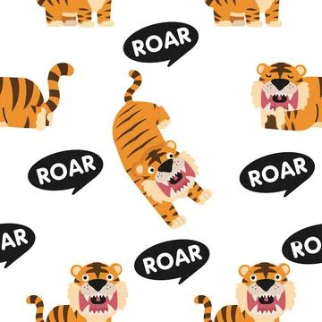 Seamless pattern of cute cartoon tigers roaring and stretching with roar sp.. Stock Illustration