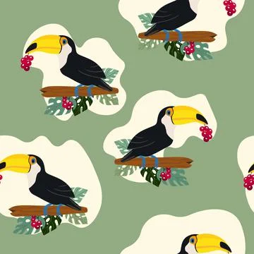 Seamless pattern with cute cartoon toucan bird on branch. Vector illustration Ilustración de archivo