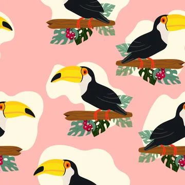Seamless pattern with cute cartoon toucan bird on branch. Vector illustration Ilustración de archivo