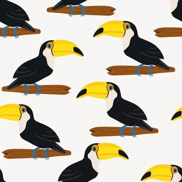Seamless pattern with cute cartoon toucan bird on branch. Vector illustration Stock Illustration