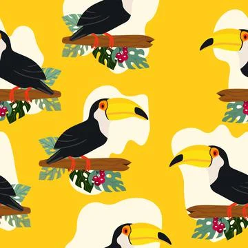 Seamless pattern with cute cartoon toucan bird on branch. Vector illustration イラスト素材