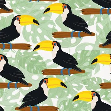 Seamless pattern with cute cartoon toucan bird on branch. Vector illustration Ilustración de archivo